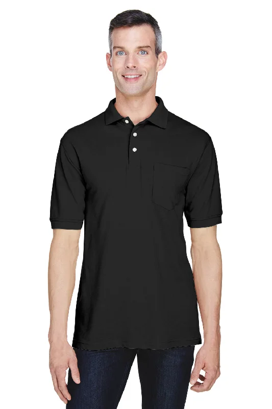 Comfortable And Simple Harriton Mens Easy Blend Wrinkle Resistant Short Sleeve Polo Shirt w/ Pocket - Black Comfortable And Simple Harriton Mens Easy Blend Wrinkle Resistant Short Sleeve Polo Shirt w/ Pocket - Black